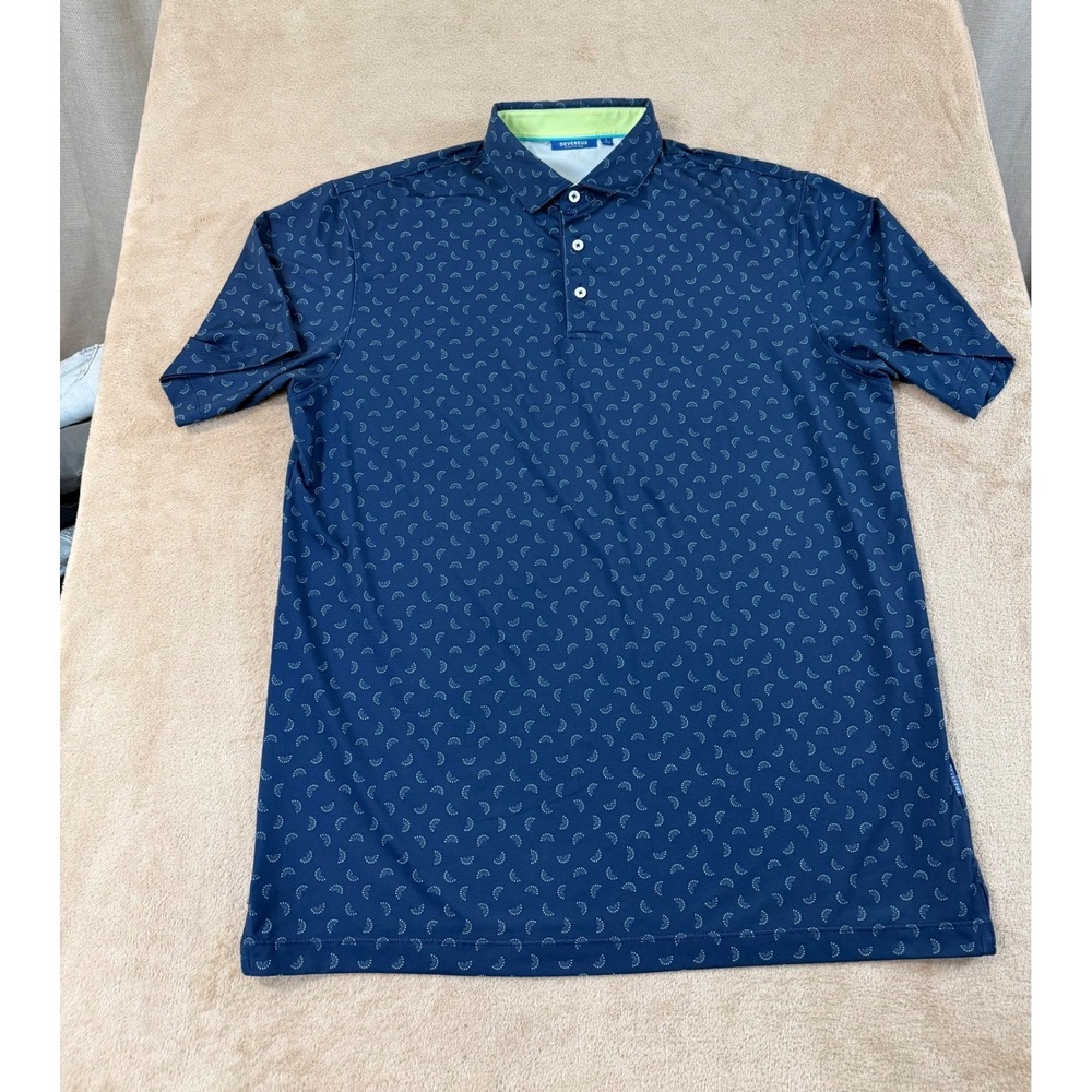 Devereux Golf Polo Shirt Men Large Navy Blue Green Print Performance Stretch EUC